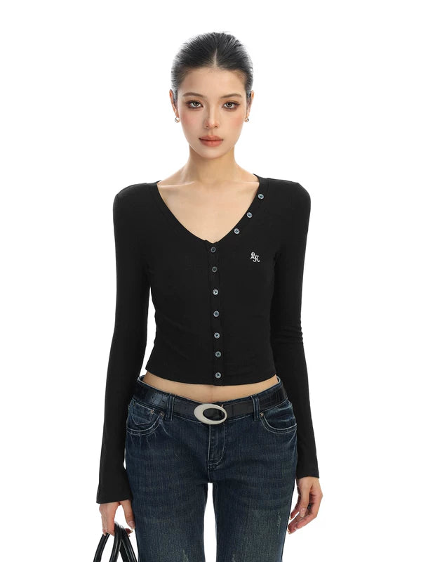 V-Neck Button Front Long Sleeve Pullover 4