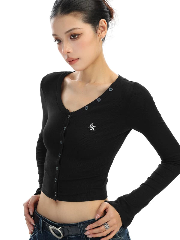 V-Neck Button Front Long Sleeve Pullover 5