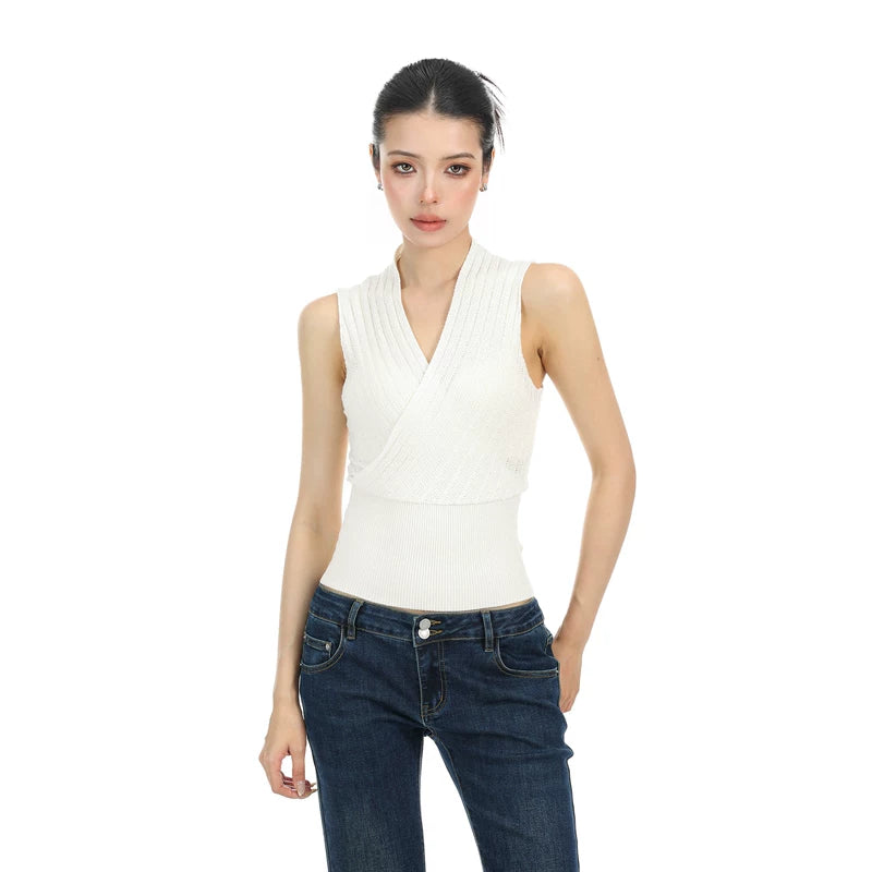 6042150837310, V-Neck Crossover Sleeveless Knit Tank Top