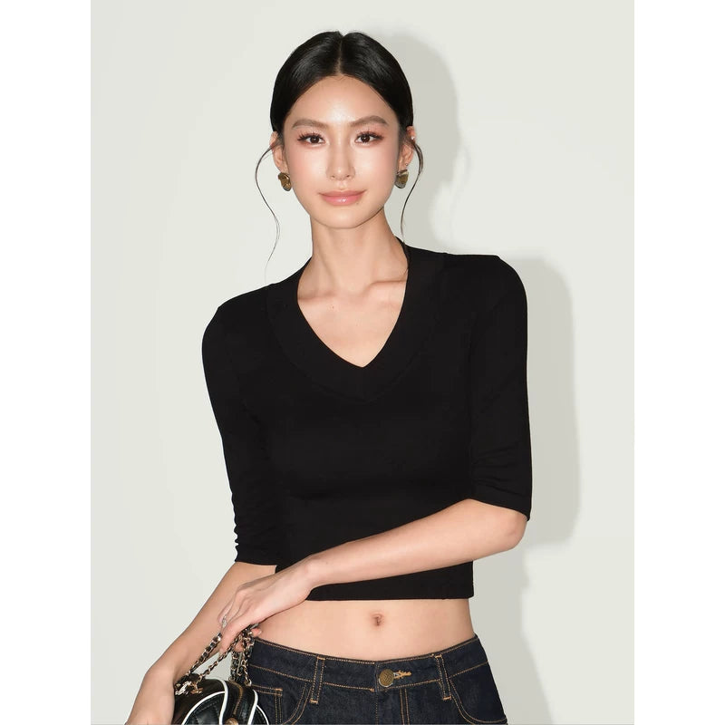 6030844204311,6030844204312,6030844204313,6030844204314, V-Neck Half Sleeve Slim Crop Top