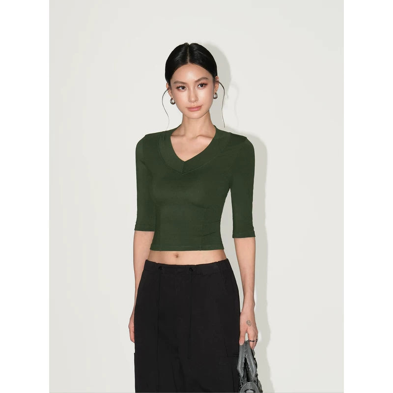 6030844204319,6030844204320,6030844204321,6030844204322, V-Neck Half Sleeve Slim Crop Top