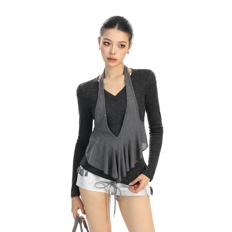 6197999151771,6197999151772, V-Neck Halter Knit Layered Camisole