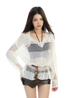 ,6021791152671,6021791152672,6021791152673, V-Neck Hollow Knit Long Sleeve Cover-Up