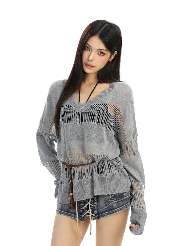 V-Neck Hollow Knit Long Sleeve Cover-Up 5