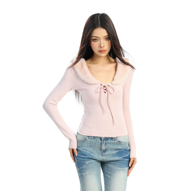 V-Neck Long Sleeve Top with Faux Fur 4