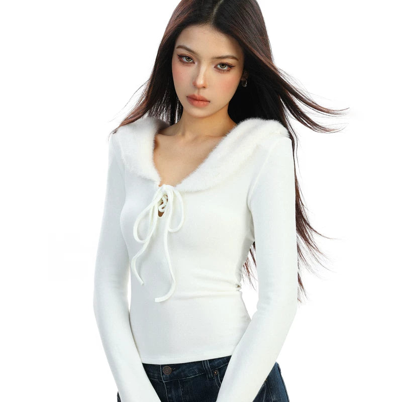 V-Neck Long Sleeve Top with Faux Fur 5