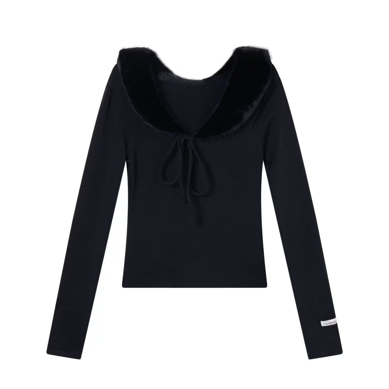 1627207:28341,6173570918973,1627207:28341,6173570918972,1627207:28341,6173570918971,6173570918973,6173570918972,6173570918971, V-Neck Long Sleeve Top with Faux Fur