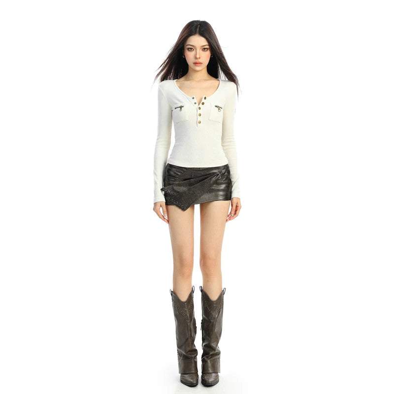 V-Neck Long Sleeve Top with Zipper Pockets 2