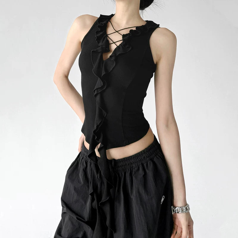 6042092581465, V-Neck Ruffle Halter Tank Top