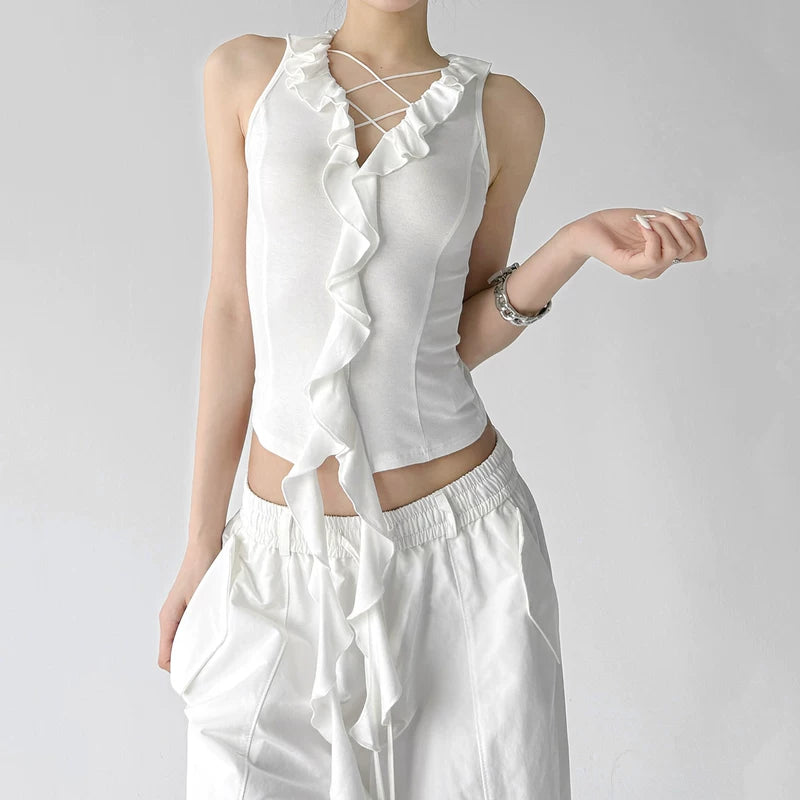 6042092581467, V-Neck Ruffle Halter Tank Top