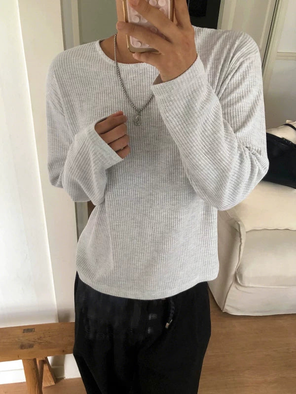 Waffle Knit Crew Neck Long Sleeve Pullover 3