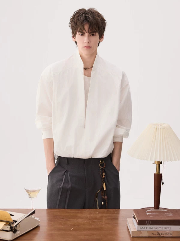 Washed Cotton Stand Collar Faux Layered Shirt 5