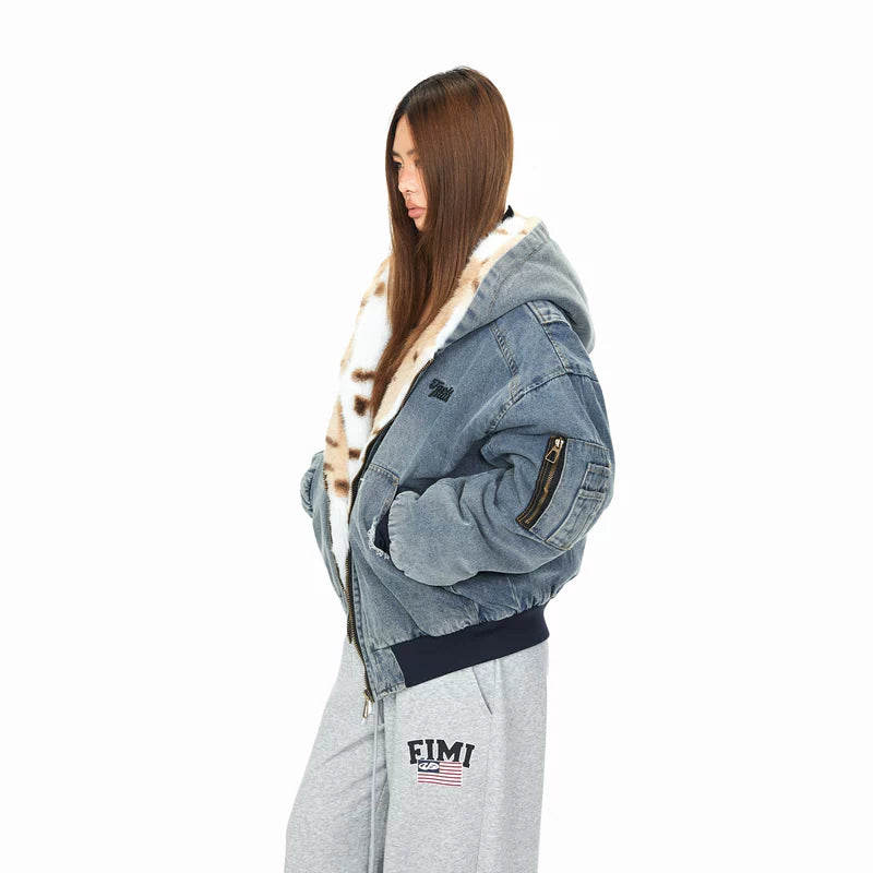 Washed Denim Jacket with Faux Fur Collar 3