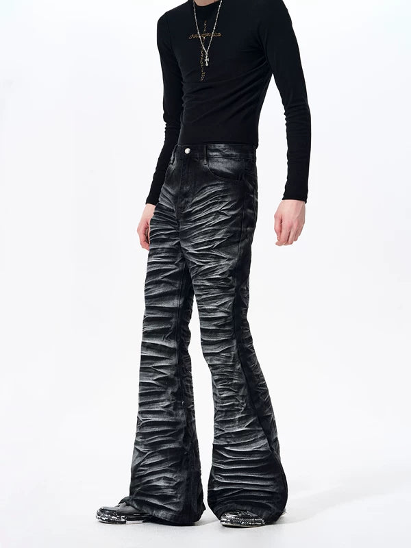 Water Ripple Distressed Flared Jeans Pants 2