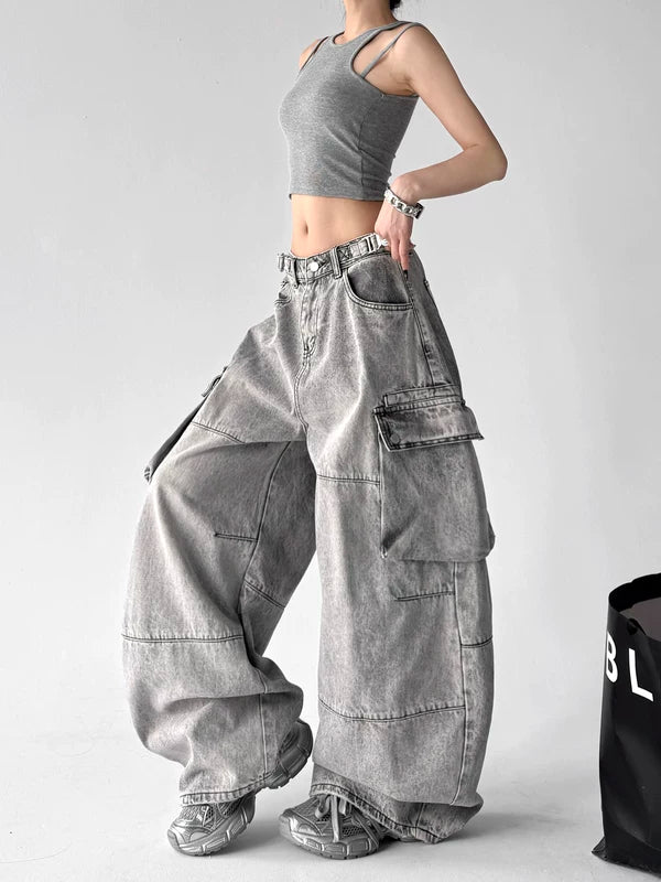 Wide Leg Denim Cargo Pants 2