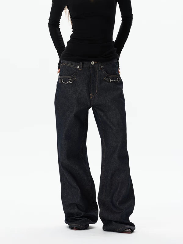 Wide Leg Denim Pants with Metal Detail 2