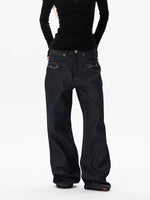 Wide Leg Denim Pants with Metal Detail 2