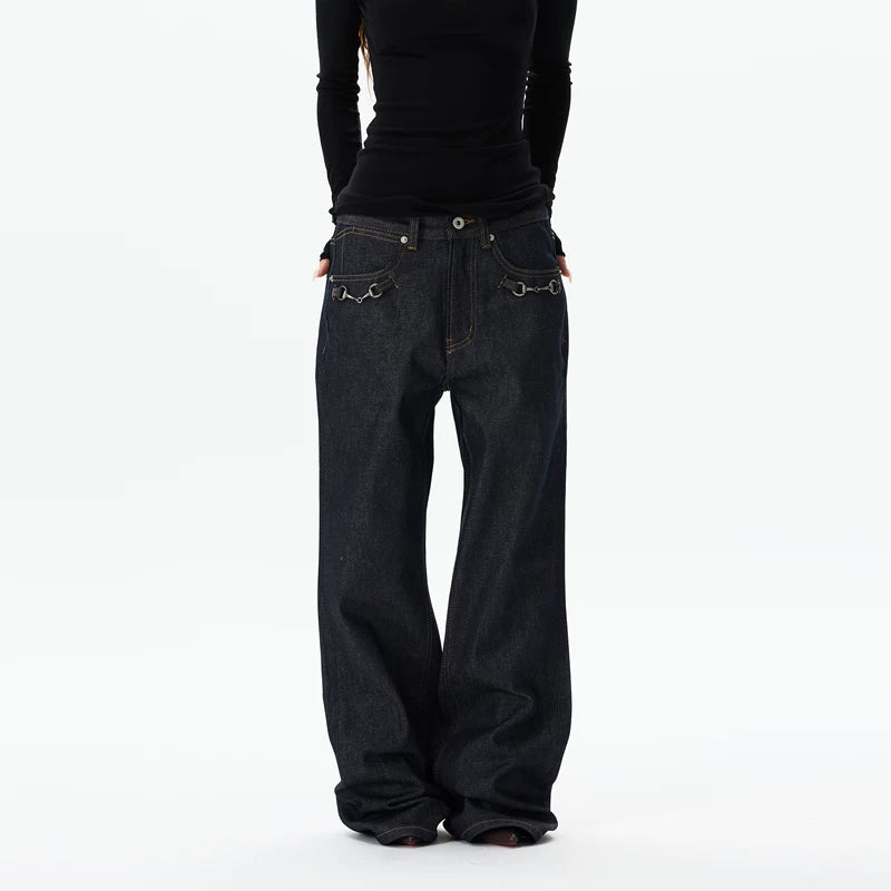 6018596177758,6018596177759,6018596177760,6018596177761,6018596177762, Wide Leg Denim Pants with Metal Detail