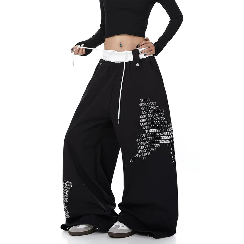 Wide Leg Drawstring Waist Letter Print Pants 4