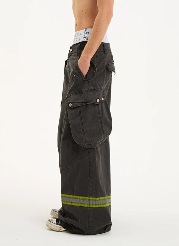 Wide Leg Multi-Pocket Cargo Reflective Pants 3