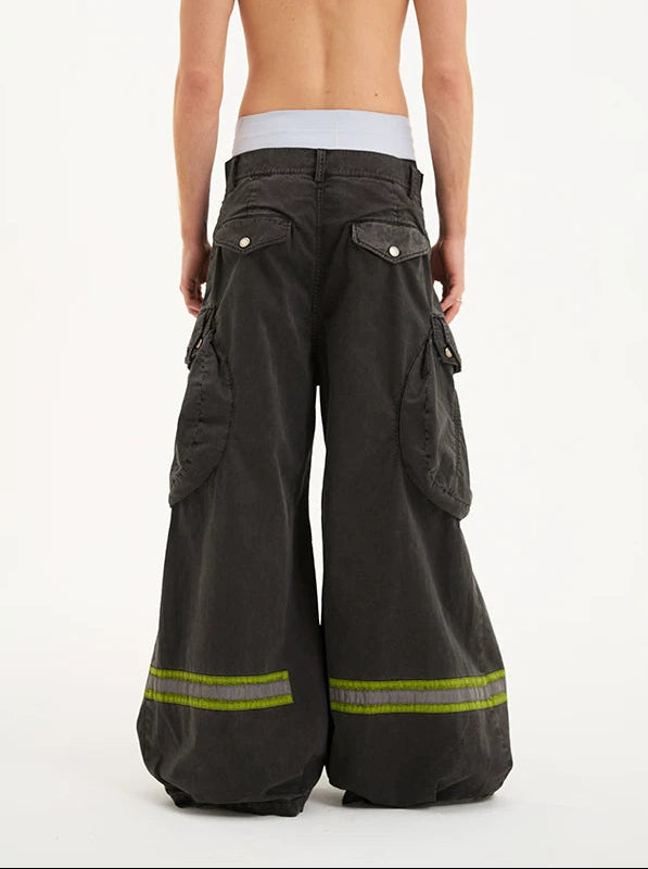Wide Leg Multi-Pocket Cargo Reflective Pants 4
