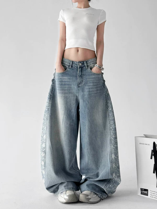 Wide Leg Patterned Distressed Denim Pants 2