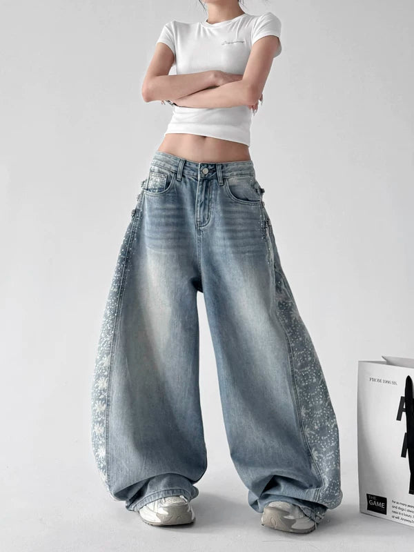 Wide Leg Patterned Distressed Denim Pants 3