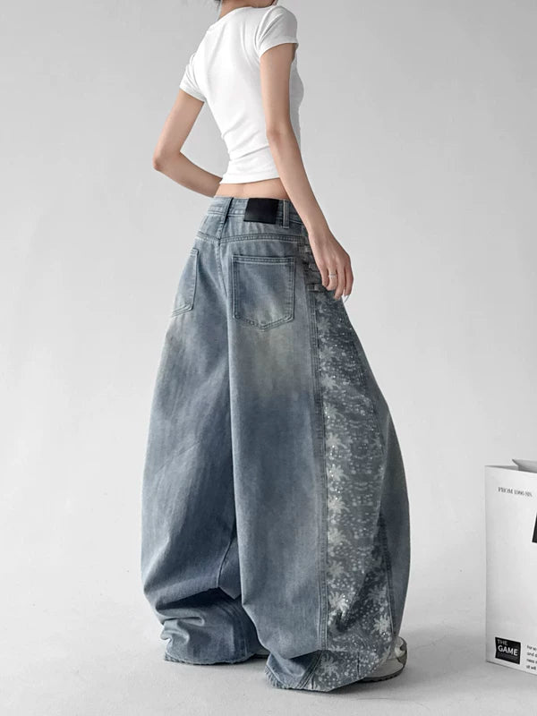 Wide Leg Patterned Distressed Denim Pants 4