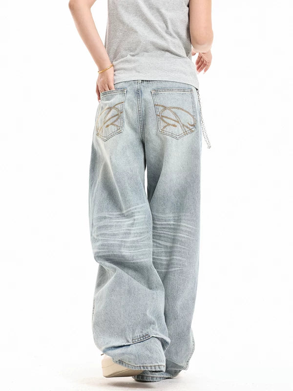 Wide Leg Retro Washed Jeans Pants 2