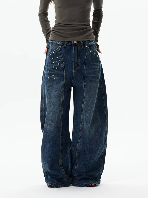Wide-Leg Rhinestone Detail Jeans Pants 2