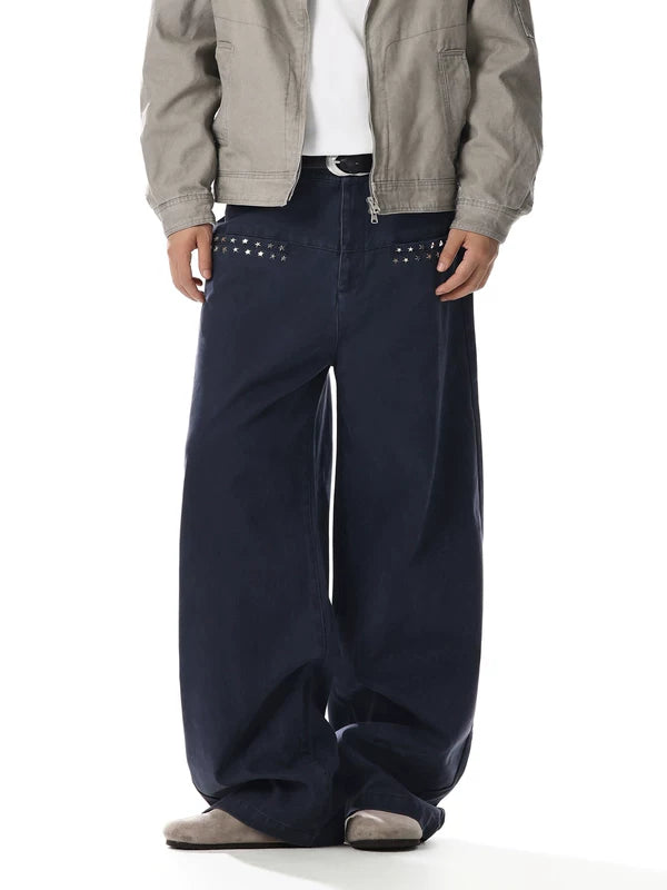 Wide Leg Rivet Detail Denim Pants 2