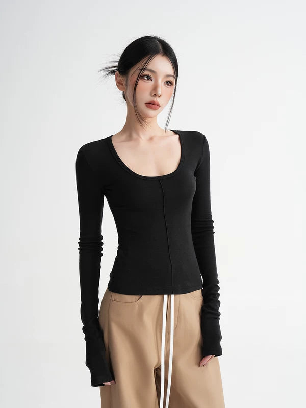 Wool Fitted Scoop Neck Long Sleeve Top 4