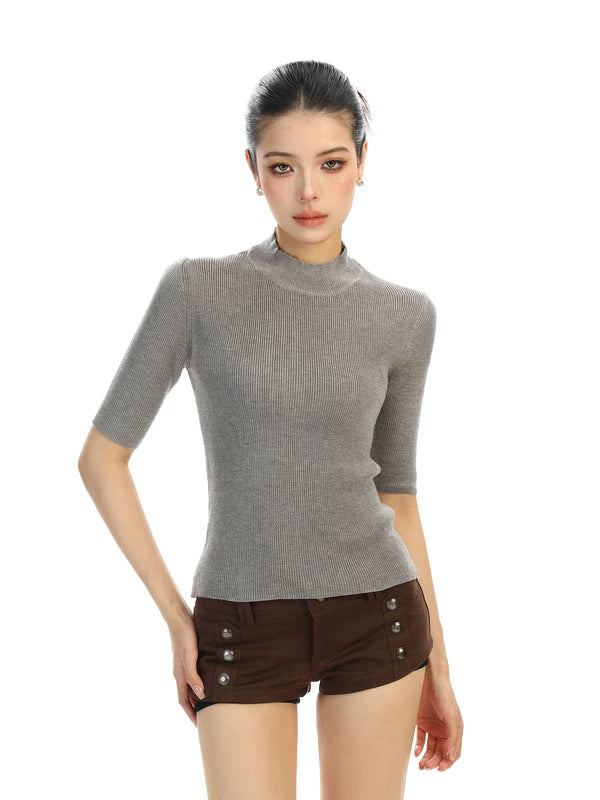 Wool Ribbed Mock Neck Knit Top 5