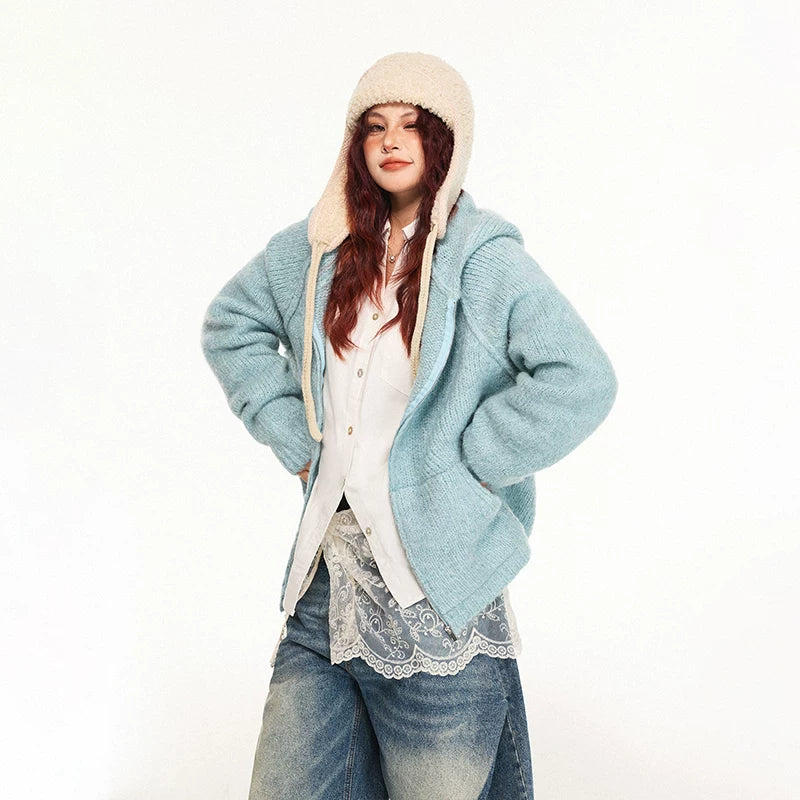 Zip Front Wool Blend Hooded Sweater 2