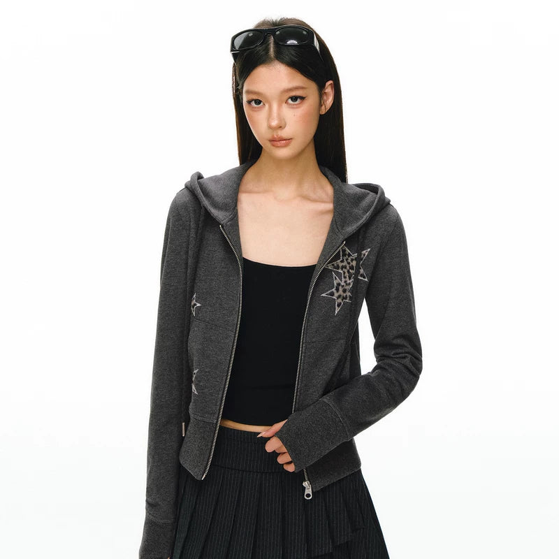 6016459509248,6016459509249,6016459509250,6016459509251, Zip-Up Hoodie Jacket with Star Print