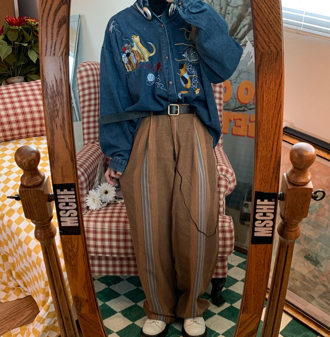 Cat Embroidery Retro Denim Shirt