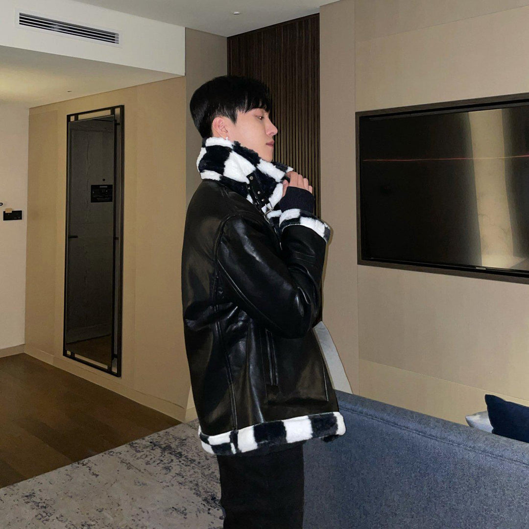 Checkerboard Fur Pu Jacket