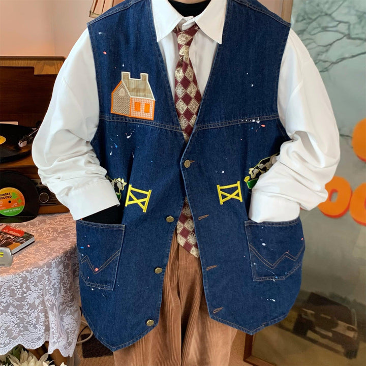 Cows Print Denim Vest