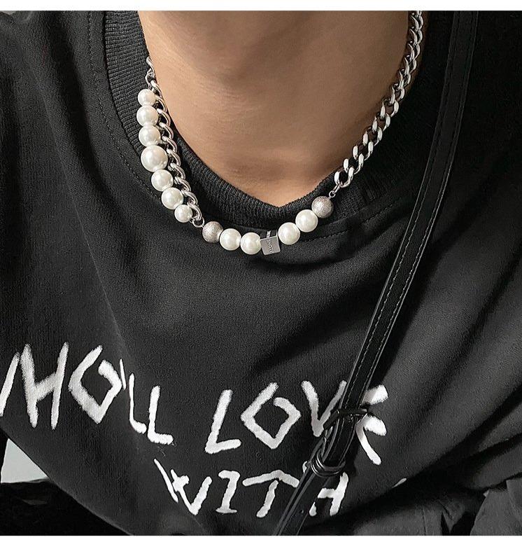 Cuban Chain Pearl Stitching Necklace