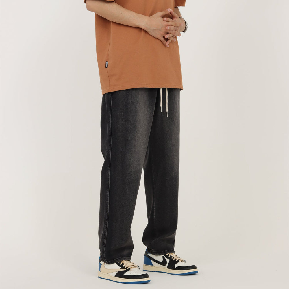 Drawstring Washed Black Gray Straight Jeans