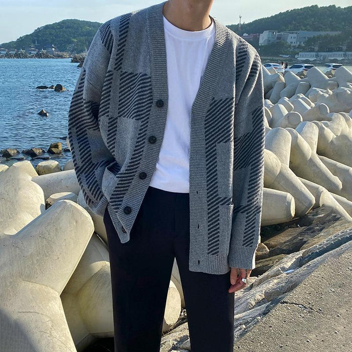 Grey V-Neck Knitted Cardigan