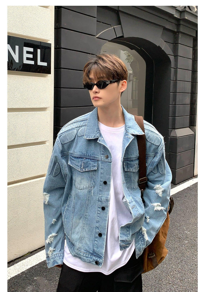 Lapel Collar Ripped Denim Jacket