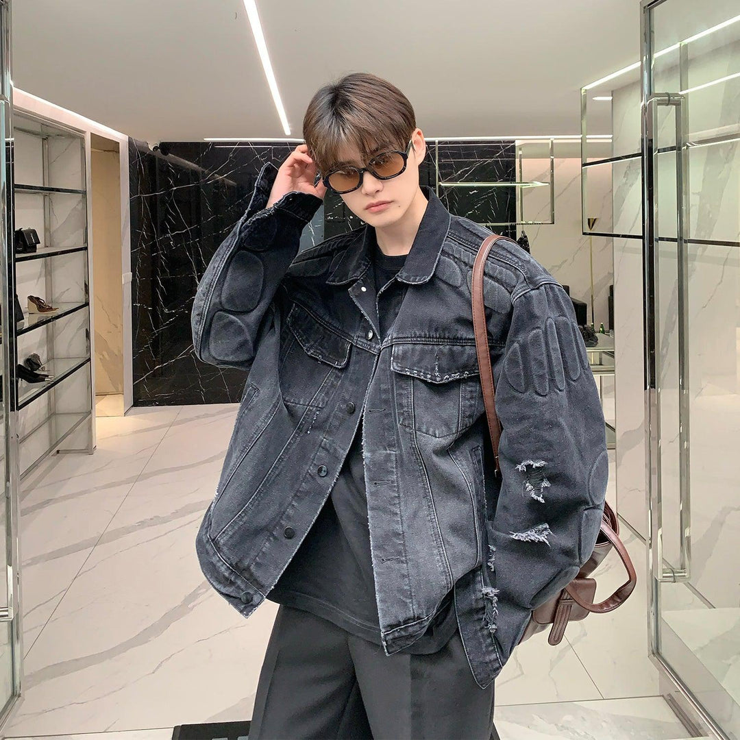 Lapel Collar Ripped Denim Jacket