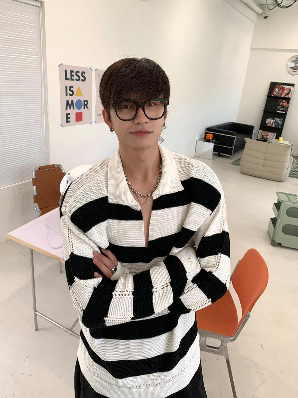 Lapel Striped Knitted T-Shirt