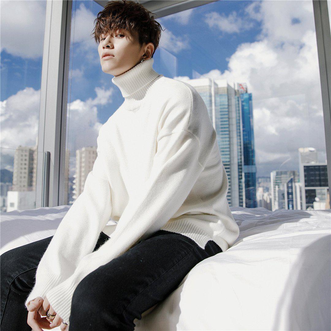 Korean fashion - white turtleneck sweater, jeans, grey coat, white