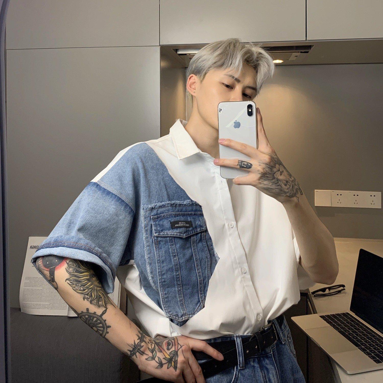 Oversized Patchwork Denim Shirt