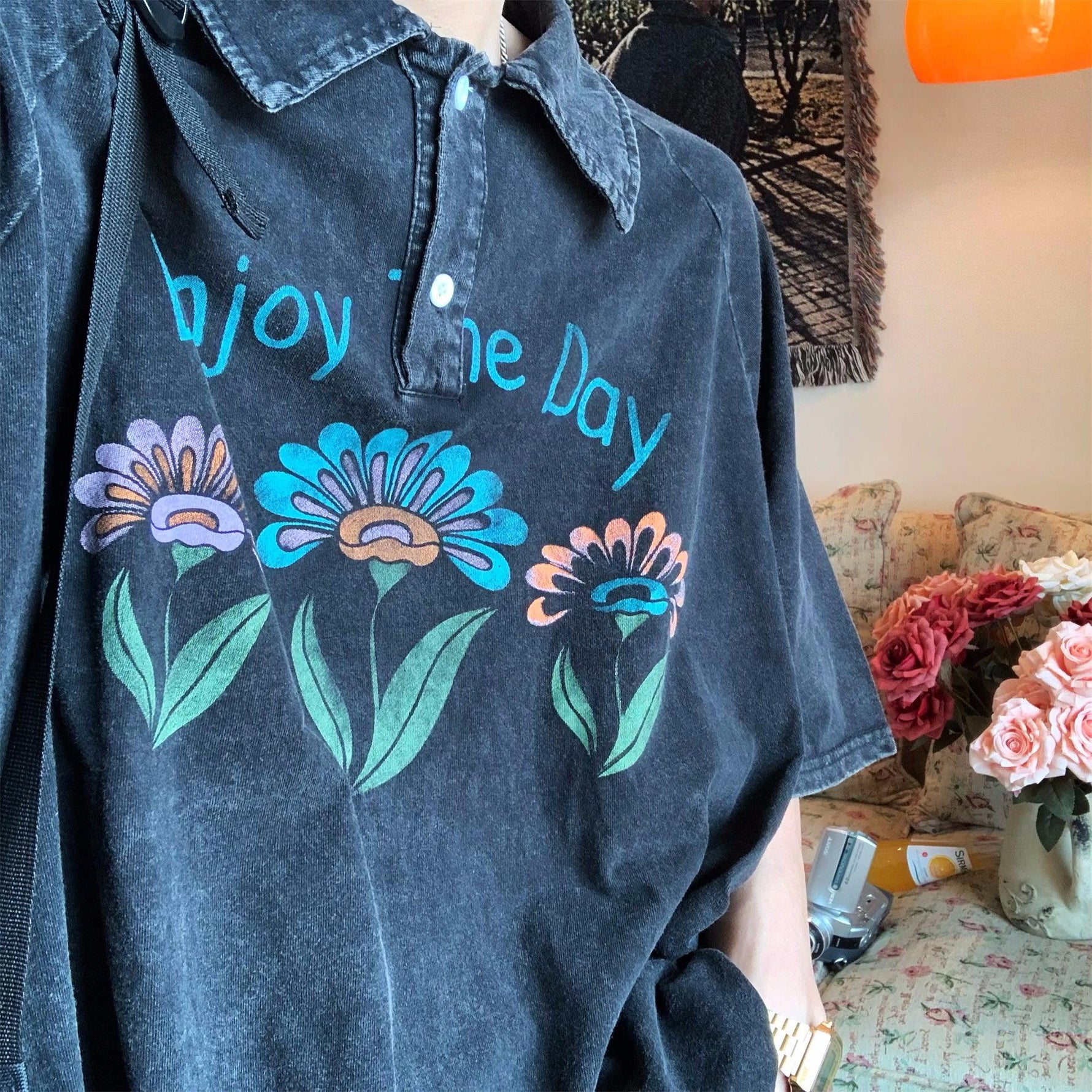 Oversized Washed Floral Polo Shirt