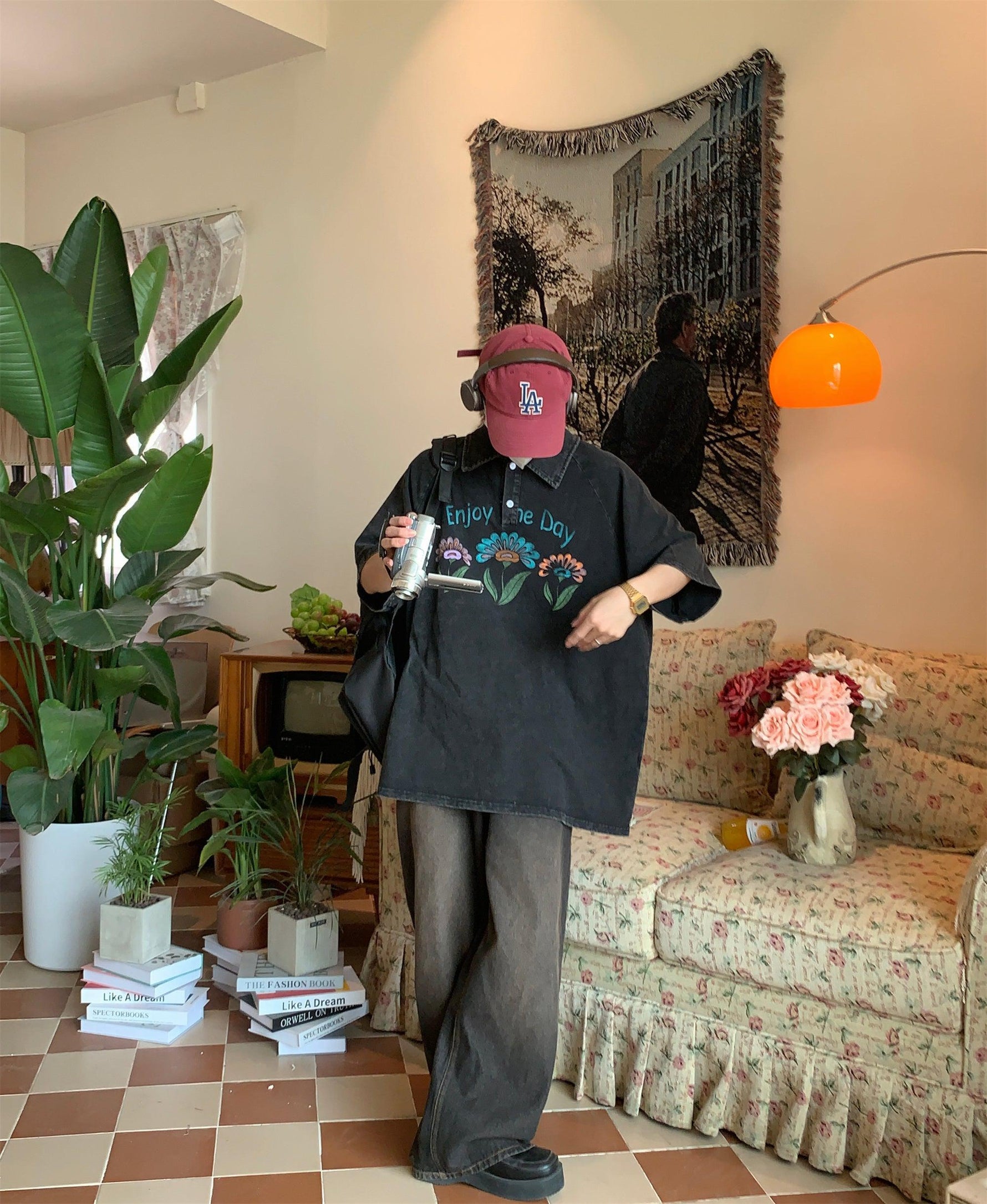 Oversized Washed Floral Polo Shirt