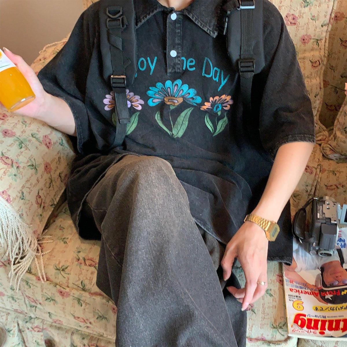 Oversized Washed Floral Polo Shirt