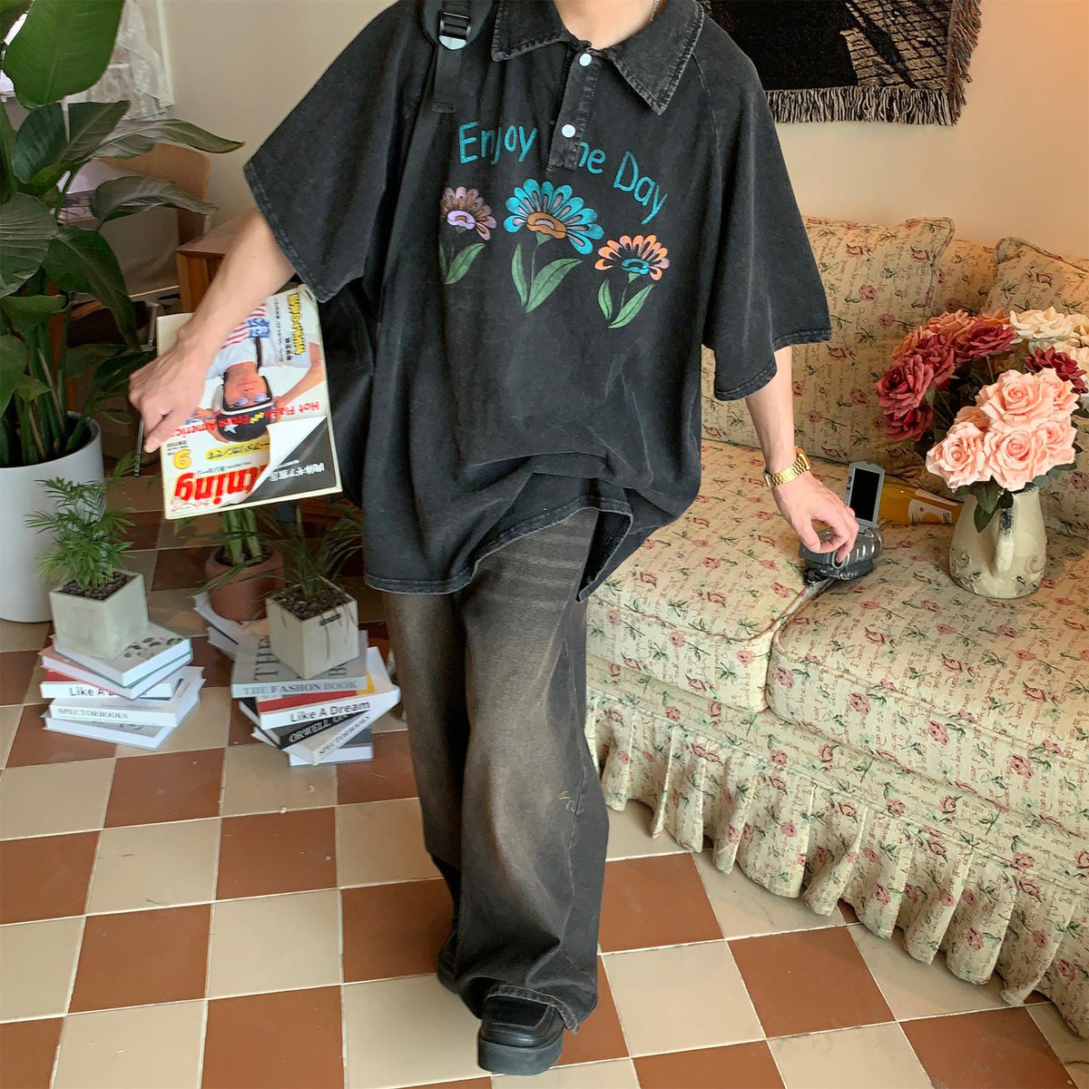 Oversized Washed Floral Polo Shirt